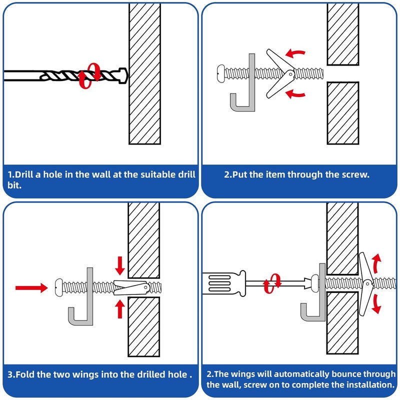 Instockbolts براغي توغل 1/8" x 2" وصمولة جناح - مثبتات توغل الربيع - مثبتات حائط ثقيلة للحوائط الجافة، فولاذ كربوني 20 قطعة - Image 4